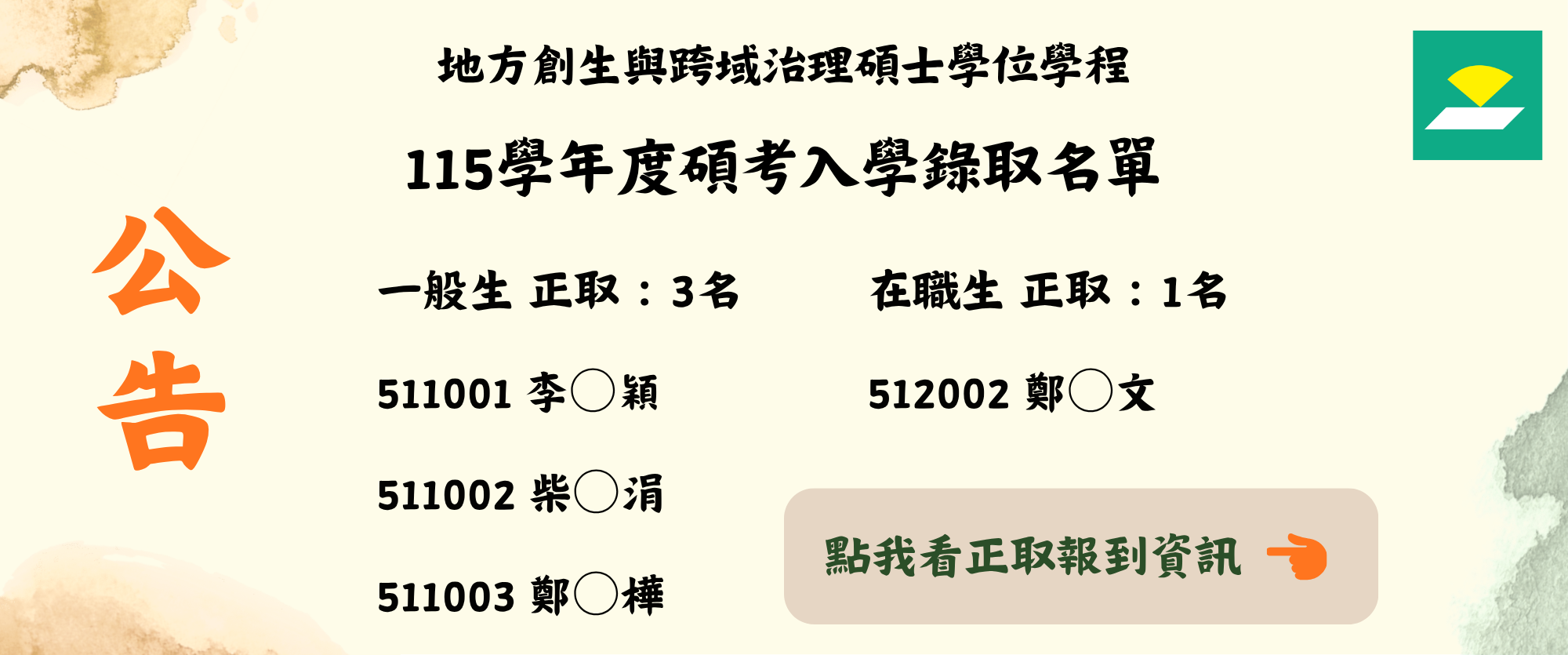 115學年度碩考入學錄取名單